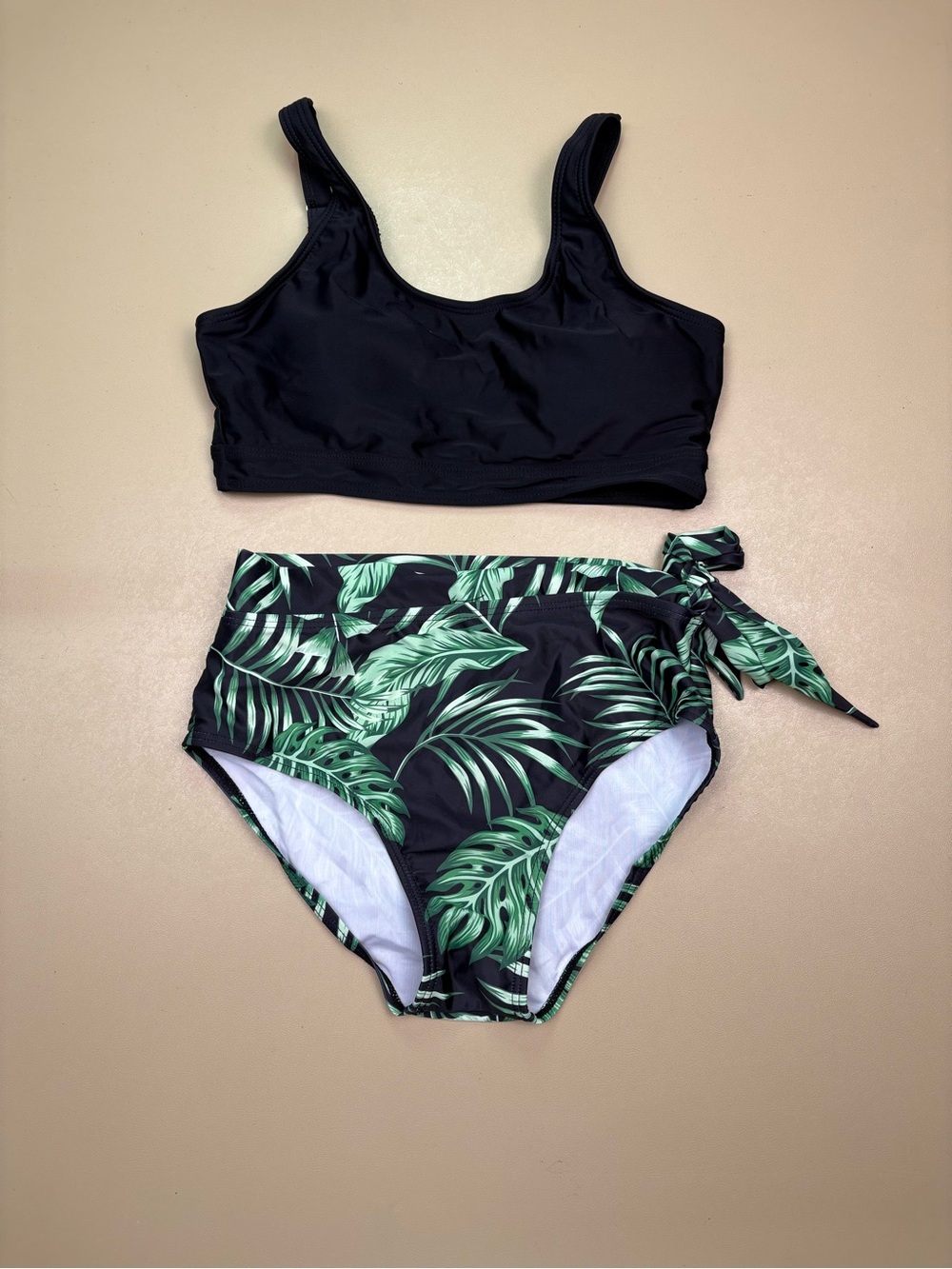 Girls Tropical Leaf Bikini Set Black Green High Waisted 13-14Y NWOT